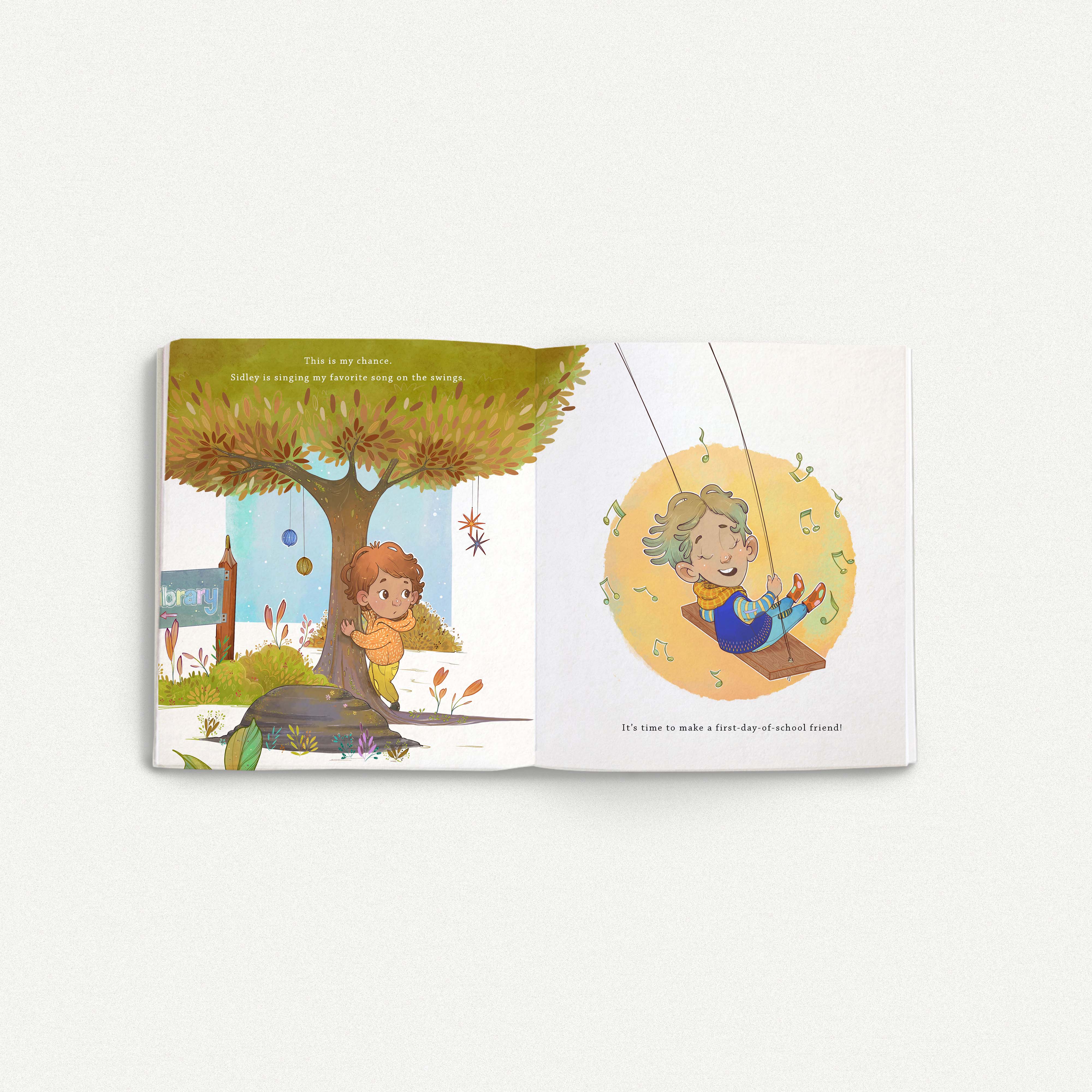 Book open showing a spread of Should I Say Hi? A child hides behind a tree looking at another child on a swing. Text reads. This is it. Sidley is singing my favorite song on the swings. It's time to make a first day of school friend.